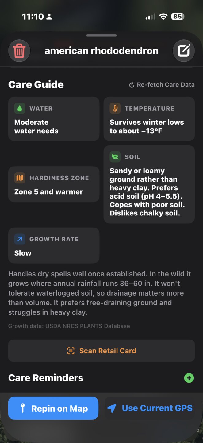 A plant's Care Guide with water, temperature, hardiness zone, soil, and growth rate tiles, captioned with the USDA PLANTS database as its source